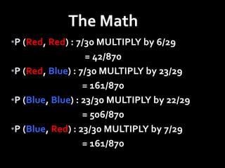 •P (Red, Red) : 7/30 MULTIPLY by 6/29
= 42/870
•P (Red, Blue) : 7/30 MULTIPLY by 23/29
= 161/870
•P (Blue, Blue) : 23/30 MULTIPLY by 22/29
= 506/870
•P (Blue, Red) : 23/30 MULTIPLY by 7/29
= 161/870
The Math
 