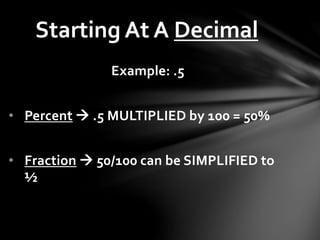 Example: .5
• Percent  .5 MULTIPLIED by 100 = 50%
• Fraction  50/100 can be SIMPLIFIED to
½
Starting At A Decimal
 