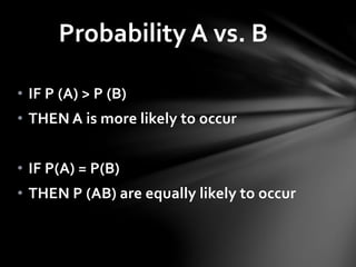 • IF P (A) > P (B)
• THEN A is more likely to occur
• IF P(A) = P(B)
• THEN P (AB) are equally likely to occur
Probability A vs. B
 