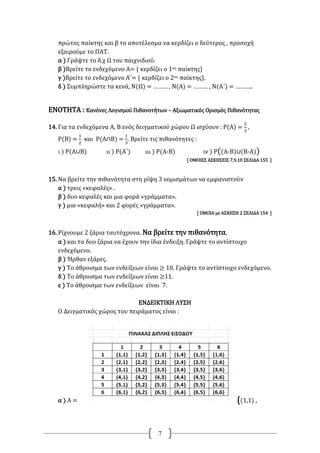 7
πρώτος παίκτης και β το αποτέλεσμα να κερδίζει ο δεύτερος , προσοχή
εξαιρούμε το ΠΑΤ.
α ) Γράψτε το δ.χ Ω του παιχνιδιού.
β )Βρείτε το ενδεχόμενο Α= { κερδίζει ο 1ος παίκτης}
γ )Βρείτε το ενδεχόμενο Α΄= { κερδίζει ο 2ος παίκτης}.
δ ) Συμπληρώστε τα κενά, Ν(Ω) = ……… , Ν(Α) = ……… , Ν(Α΄) = ………..
ΕΝΟΤΗΤΑ : Κανόνες Λογισμού Πιθανοτήτων – Αξιωματικός Ορισμός Πιθανότητας
14. Για τα ενδεχόμενα Α, Β ενός δειγματικού χώρου Ω ισχύουν : Ρ(Α) =
2
3
,
Ρ(Β) =
1
2
και Ρ(Α∩Β) =
1
3
. Βρείτε τις πιθανότητες :
ι ) Ρ(Α∪Β) ιι ) Ρ(Α΄) ιιι ) Ρ(Α-Β) ιν ) Ρ((Α-Β)∪(Β-Α))
[ ΟΜΟΙΕΣ ΑΣΚΗΣΕΙΣ 7,9,10 ΣΕΛΙΔΑ 155 ]
15. Να βρείτε την πιθανότητα στη ρίψη 3 νομισμάτων να εμφανιστούν
α ) τρεις «κεφαλές» .
β ) δυο κεφαλές και μια φορά «γράμματα».
γ ) μια «κεφαλή» και 2 φορές «γράμματα».
[ ΟΜΟΙΑ με ΑΣΚΗΣΗ 2 ΣΕΛΙΔΑ 154 ]
16. Ρίχνουμε 2 ζάρια ταυτόχρονα. Να βρείτε την πιθανότητα,
α ) και τα δυο ζάρια να έχουν την ίδια ένδειξη. Γράψτε το αντίστοιχο
ενδεχόμενο.
β ) Ήρθαν εξάρες.
γ ) Το άθροισμα των ενδείξεων είναι ≥ 10. Γράψτε το αντίστοιχο ενδεχόμενο.
δ ) Το άθροισμα των ενδείξεων είναι ≥11.
ε ) Το άθροισμα των ενδείξεων είναι 7.
ΕΝΔΕΙΚΤΙΚΗ ΛΥΣΗ
Ο Δειγματικός χώρος του πειράματος είναι :
{(1,1) ,α ) Α =
 