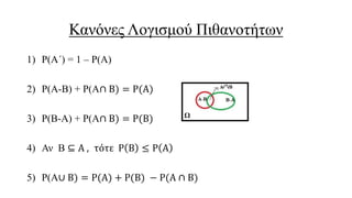 Κανόνες Λογισμού Πιθανοτήτων
1) Ρ(Α΄) = 1 – Ρ(Α)
2) Ρ(Α-Β) + Ρ(Α∩ Β) = Ρ(Α)
3) Ρ(Β-Α) + Ρ(Α∩ Β) = Ρ(Β)
4) Αν Β ⊆ Α , τότε Ρ Β ≤ Ρ Α
5) Ρ(Α∪ Β) = Ρ(Α) + Ρ(Β) − Ρ(Α ∩ Β)
 