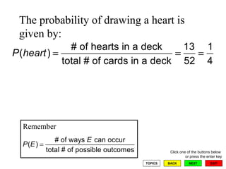 The probability of drawing a heart is given by:  Remember 
