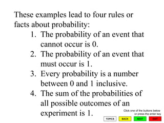 These examples lead to four rules or facts about probability: 1.  The probability of an event that    cannot occur is 0. 2.  The probability of an event that    must occur is 1. 3.  Every probability is a number    between 0 and 1 inclusive. 4.  The sum of the probabilities of    all possible outcomes of an    experiment is 1. 