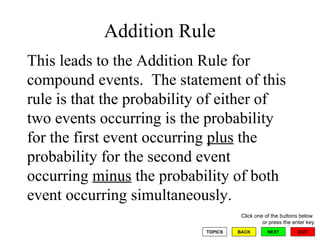Addition Rule This leads to the Addition Rule for compound events.  The statement of this rule is that the probability of either of two events occurring is the probability for the first event occurring  plus  the probability for the second event occurring  minus  the probability of both event occurring simultaneously. 