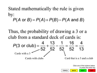 Stated mathematically the rule is given by: Thus, the probability of drawing a 3 or a club from a standard deck of cards is: Cards with a 3 Cards with clubs Card that is a 3 and a club 