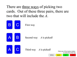 There are  three ways  of picking two cards.  Out of these three pairs, there are two that will include the  A . First way Second way Third way A  is picked! A  is picked! 