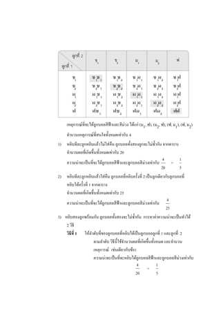 เหตุการณ์ที่จะได้ลูกบอลสี ฟ้าและสี ม่วง ได้แก่ (ม1, ฟ), (ม2, ฟ), (ฟ, ม1), (ฟ, ม2)
     จานวนเหตุการณ์ที่สนใจทั้งหมดเท่ากับ 4
1) หยิบทีละลูกหยิบแล้วไม่ใส่ คืน ลูกบอลทั้งสองลูกจะไม่ซ้ ากัน จากตาราง
   จานวนผลที่เกิดขึ้นทั้งหมดเท่ากับ 20
                                                              4        1
                                                  ่
   ความน่าจะเป็ นที่จะได้ลูกบอลสี ฟ้าและลูกบอลสี มวงเท่ากับ       =
                                                             20        5
2) หยิบทีละลูกหยิบแล้วใส่ คืน ลูกบอลที่หยิบครั้งที่ 2 เป็ นลูกเดียวกับลูกบอลที่
   หยิบได้ครั้งที่ 1 จากตาราง
   จานวนผลที่เกิดขึ้นทั้งหมดเท่ากับ 25
                                                                    4
                                                     ่
   ความน่าจะเป็ นที่จะได้ลูกบอลสี ฟ้าและลูกบอลสี มวงเท่ากับ
                                                                    25
3) หยิบสองลูกพร้อมกัน ลูกบอลทั้งสองจะไม่ซ้ ากัน การหาค่าความน่าจะเป็ นทาได้
    2 วิธี
    วิธีที่ 1 ให้ลาดับที่ของลูกบอลที่หยิบได้เป็ นลูกบอลลูกที่ 1 และลูกที่ 2
                   ตามลาดับ วิธีน้ ีใช้จานวนผลที่เกิดขึ้นทั้งหมด และจานวน
                   เหตุการณ์ เช่นเดียวกับข้อ1
                   ความน่าจะเป็ นที่จะหยิบได้ลูกบอลสี ฟ้าและลูกบอลสี ม่วงเท่ากับ
                                              4              1
                                                      =
                                             20              5
 