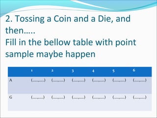 2. Tossing a Coin and a Die, and
then…..
Fill in the bellow table with point
sample maybe happen
      1           2           3           4           5           6

 A    (……,…..)    (…..,…..)   (…..,…..)   (…..,…..)   (…..,…..)   (…..,…..)



 G    (…..,…..)   (…..,…..)   (…..,…..)   (…..,…..)   (…..,…..)   (…..,…..)
 