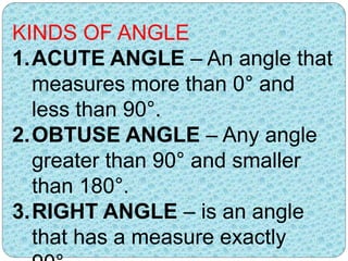 KINDS OF ANGLE 
1.ACUTE ANGLE – An angle that 
measures more than 0° and 
less than 90°. 
2.OBTUSE ANGLE – Any angle 
greater than 90° and smaller 
than 180°. 
3.RIGHT ANGLE – is an angle 
that has a measure exactly 
90°. 
 