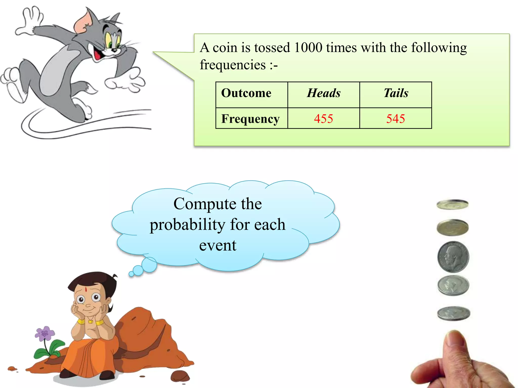 A coin is tossed 1000 times with the following
frequencies :-
Outcome Heads Tails
Frequency 455 545
Compute the
probability for each
event
 
