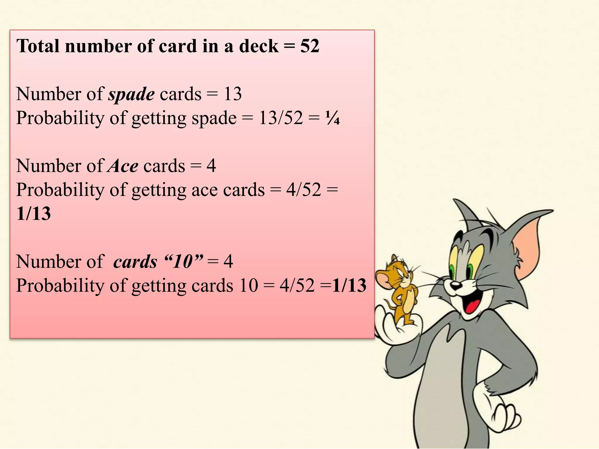 Total number of card in a deck = 52
Number of spade cards = 13
Probability of getting spade = 13/52 = ¼
Number of Ace cards = 4
Probability of getting ace cards = 4/52 =
1/13
Number of cards “10” = 4
Probability of getting cards 10 = 4/52 =1/13
 