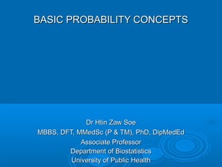 BASIC PROBABILITY CONCEPTSBASIC PROBABILITY CONCEPTS
Dr Htin Zaw SoeDr Htin Zaw Soe
MBBS, DFT, MMedSc (P & TM), PhD, DipMedEdMBBS, DFT, MMedSc (P & TM), PhD, DipMedEd
Associate ProfessorAssociate Professor
Department of BiostatisticsDepartment of Biostatistics
University of Public HealthUniversity of Public Health
 
