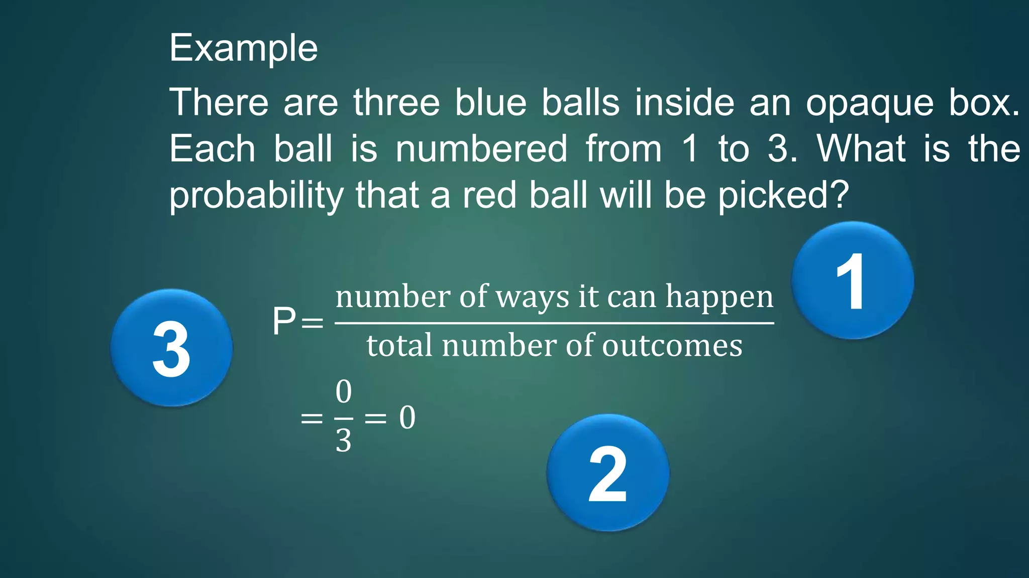 Example
There are three blue balls inside an opaque box.
Each ball is numbered from 1 to 3. What is the
probability that a red ball will be picked?
P=
number of ways it can happen
total number of outcomes
=
0
3
= 0
1
2
3
 