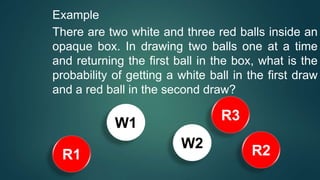 Example
There are two white and three red balls inside an
opaque box. In drawing two balls one at a time
and returning the first ball in the box, what is the
probability of getting a white ball in the first draw
and a red ball in the second draw?
R2W2
W1
R1
R3
 