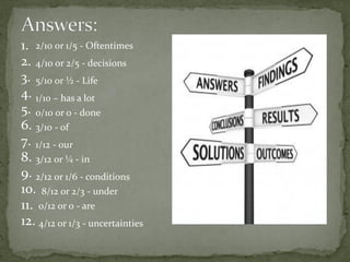 1.
2.
3.
4.
5.
6.
7.
8.
9.
10.
11.
12.
2/10 or 1/5 - Oftentimes
4/10 or 2/5 - decisions
5/10 or ½ - Life
1/10 – has a lot
0/10 or 0 - done
3/10 - of
1/12 - our
3/12 or ¼ - in
2/12 or 1/6 - conditions
8/12 or 2/3 - under
0/12 or 0 - are
4/12 or 1/3 - uncertainties
 