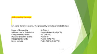 06-11-2022 25
All Probability Formulas
Let A and B are two events. The probability formulas are listed below:
Range of Pro...