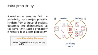Joint probability
Sometimes w want to find the
probability that a subject picked at
random from a group of subjects
possesses two characteristics at
the same time. such a probability
is reffered to as a joint probability.
 
