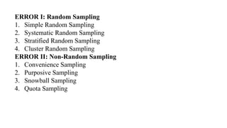 ERROR I: Random Sampling
1. Simple Random Sampling
2. Systematic Random Sampling
3. Stratified Random Sampling
4. Cluster Random Sampling
ERROR II: Non-Random Sampling
1. Convenience Sampling
2. Purposive Sampling
3. Snowball Sampling
4. Quota Sampling
 