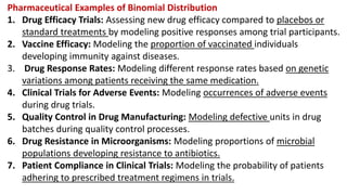 Pharmaceutical Examples of Binomial Distribution
1. Drug Efficacy Trials: Assessing new drug efficacy compared to placebos or
standard treatments by modeling positive responses among trial participants.
2. Vaccine Efficacy: Modeling the proportion of vaccinated individuals
developing immunity against diseases.
3. Drug Response Rates: Modeling different response rates based on genetic
variations among patients receiving the same medication.
4. Clinical Trials for Adverse Events: Modeling occurrences of adverse events
during drug trials.
5. Quality Control in Drug Manufacturing: Modeling defective units in drug
batches during quality control processes.
6. Drug Resistance in Microorganisms: Modeling proportions of microbial
populations developing resistance to antibiotics.
7. Patient Compliance in Clinical Trials: Modeling the probability of patients
adhering to prescribed treatment regimens in trials.
 