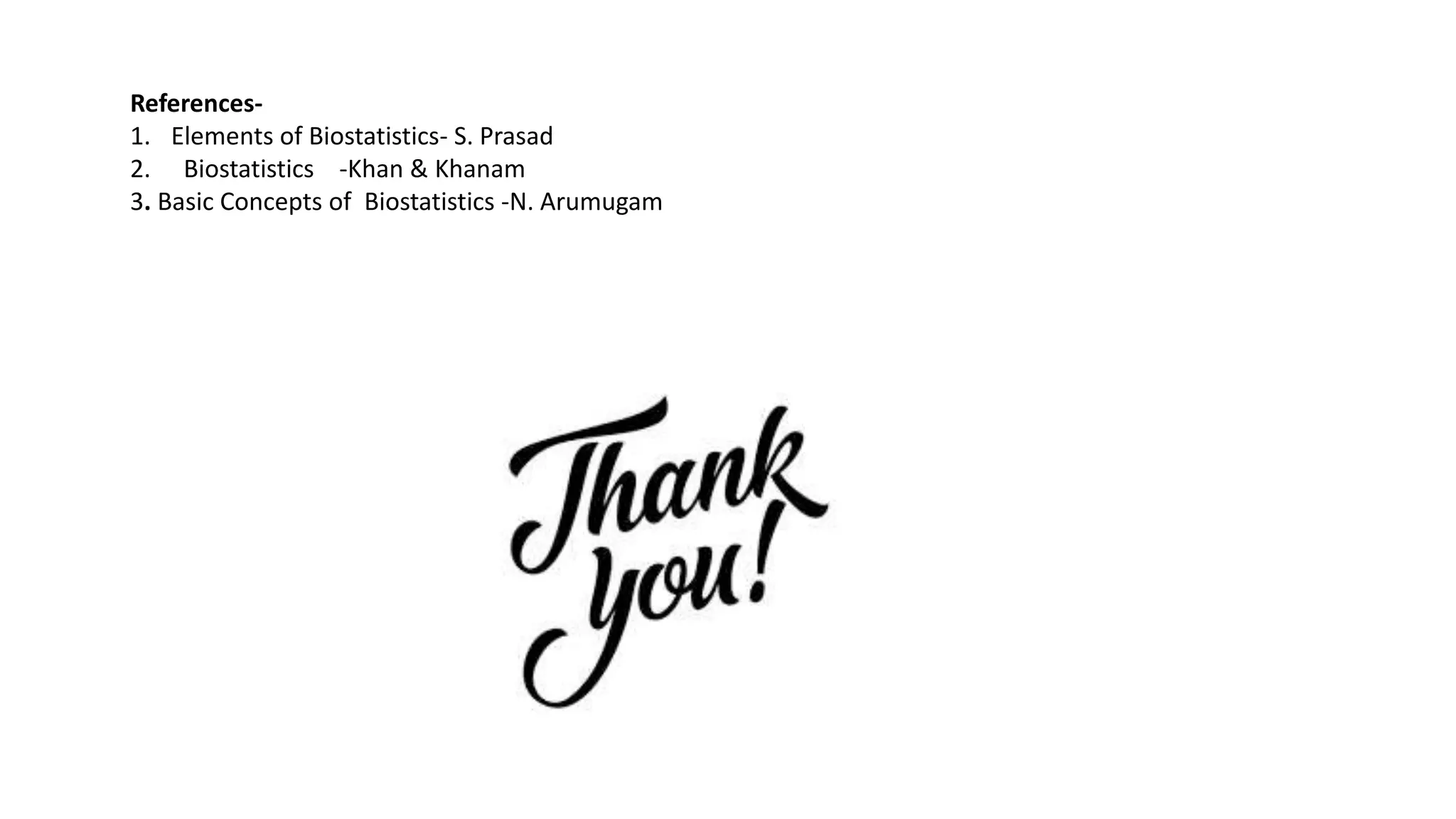 References-
1. Elements of Biostatistics- S. Prasad
2. Biostatistics -Khan & Khanam
3. Basic Concepts of Biostatistics -N. Arumugam
 