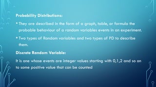 Probability Distributions:
• They are described in the form of a graph, table, or formula the
probable behaviour of a random variables events in an experiment.
• Two types of Random variables and two types of PD to describe
them.
Discrete Random Variable:
It is one whose events are integer values starting with 0,1,2 and so on
to some positive value that can be counted
 