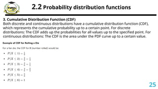 2.2 Probability distribution functions
3. Cumulative Distribution Function (CDF)
Both discrete and continuous distributions have a cumulative distribution function (CDF),
which represents the cumulative probability up to a certain point. For discrete
distributions: The CDF adds up the probabilities for all values up to the specified point. For
continuous distributions: The CDF is the area under the PDF curve up to a certain value.
25
 