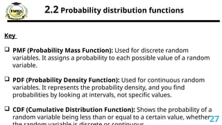2.2 Probability distribution functions
Key
 PMF (Probability Mass Function): Used for discrete random
variables. It assigns a probability to each possible value of a random
variable.
 PDF (Probability Density Function): Used for continuous random
variables. It represents the probability density, and you find
probabilities by looking at intervals, not specific values.
 CDF (Cumulative Distribution Function): Shows the probability of a
random variable being less than or equal to a certain value, whether27
 