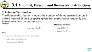 3.1 Binomial, Poisson, and Geometric distributions
2. Poisson Distribution
The Poisson distribution models the number of times an event occurs in
a fixed interval of time or space, given that events occur randomly and
independently at a constant rate.
47
 