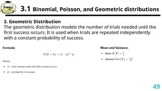 3.1 Binomial, Poisson, and Geometric distributions
3. Geometric Distribution
The geometric distribution models the number of trials needed until the
first success occurs. It is used when trials are repeated independently
with a constant probability of success.
49
 