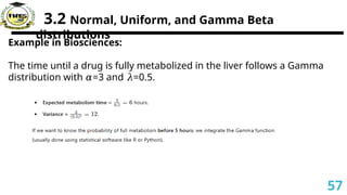 3.2 Normal, Uniform, and Gamma Beta
distributions
Example in Biosciences:
The time until a drug is fully metabolized in the liver follows a Gamma
distribution with =3 and =0.5.
𝛼 𝜆
57
 