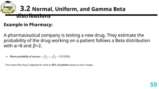 3.2 Normal, Uniform, and Gamma Beta
distributions
Example in Pharmacy:
A pharmaceutical company is testing a new drug. They estimate the
probability of the drug working on a patient follows a Beta distribution
with =8 and =2.
𝛼 𝛽
59
 