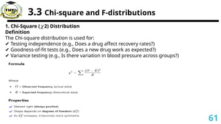 3.3 Chi-square and F-distributions
1. Chi-Square ( 2) Distribution
𝜒
Definition
The Chi-square distribution is used for:
✔ Testing independence (e.g., Does a drug affect recovery rates?)
✔ Goodness-of-fit tests (e.g., Does a new drug work as expected?)
✔ Variance testing (e.g., Is there variation in blood pressure across groups?)
61
 