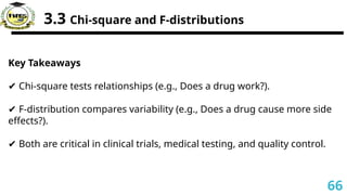 3.3 Chi-square and F-distributions
Key Takeaways
✔ Chi-square tests relationships (e.g., Does a drug work?).
✔ F-distribution compares variability (e.g., Does a drug cause more side
effects?).
✔ Both are critical in clinical trials, medical testing, and quality control.
66
 