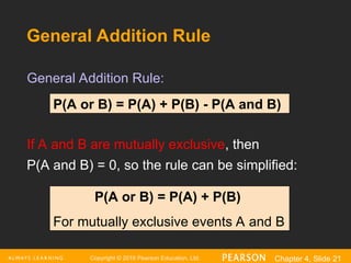 Copyright © 2016 Pearson Education, Ltd. Chapter 4, Slide 21
General Addition Rule
P(A or B) = P(A) + P(B) - P(A and B)
General Addition Rule:
If A and B are mutually exclusive, then
P(A and B) = 0, so the rule can be simplified:
P(A or B) = P(A) + P(B)
For mutually exclusive events A and B
 