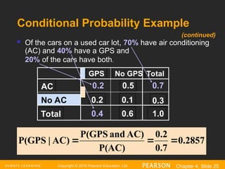 Copyright © 2016 Pearson Education, Ltd. Chapter 4, Slide 25
Conditional Probability Example
No GPS
GPS Total
AC 0.2 0.5 0.7
No AC 0.2 0.1 0.3
Total 0.4 0.6 1.0
 Of the cars on a used car lot, 70% have air conditioning
(AC) and 40% have a GPS and
20% of the cars have both.
0.2857
0.7
0.2
P(AC)
AC)
and
P(GPS
AC)
|
P(GPS 


(continued)
 
