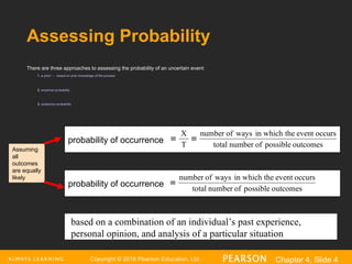 Copyright © 2016 Pearson Education, Ltd. Chapter 4, Slide 4
probability of occurrence
Assessing Probability
There are three approaches to assessing the probability of an uncertain event:
1. a priori -- based on prior knowledge of the process
2. empirical probability
3. subjective probability
outcomes
possible
of
number
total
occurs
event
the
in which
ways
of
number
T
X


based on a combination of an individual’s past experience,
personal opinion, and analysis of a particular situation
outcomes
possible
of
number
total
occurs
event
the
in which
ways
of
number

Assuming
all
outcomes
are equally
likely
probability of occurrence
 