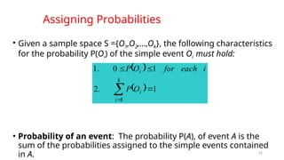 12
• Given a sample space S ={O1,O2,…,Ok}, the following characteristics
for the probability P(Oi) of the simple event Oi must hold:
• Probability of an event: The probability P(A), of event A is the
sum of the probabilities assigned to the simple events contained
in A.
 
 





k
i
i
i
O
P
i
each
for
O
P
1
1
.
2
1
0
.
1
Assigning Probabilities
 