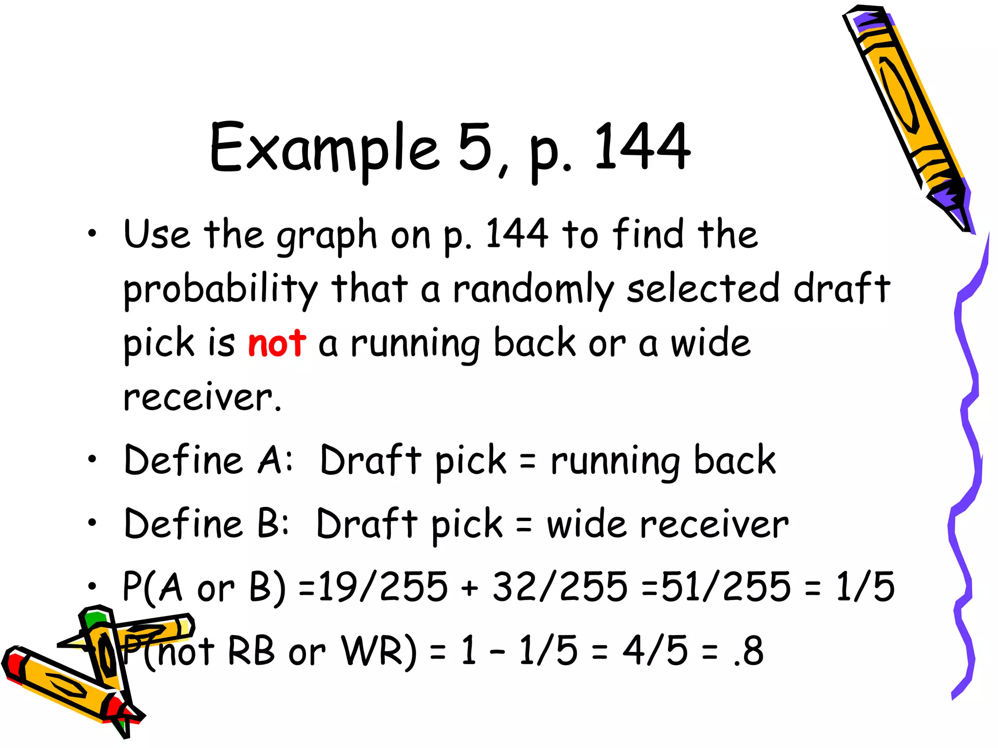 Example 5, p. 144 Use the graph on p. 144 to find the probability that a randomly selected draft pick is  not  a running back or a wide receiver. Define A:  Draft pick = running back Define B:  Draft pick = wide receiver P(A or B) =19/255 + 32/255 =51/255 = 1/5 P(not RB or WR) = 1 – 1/5 = 4/5 = .8 