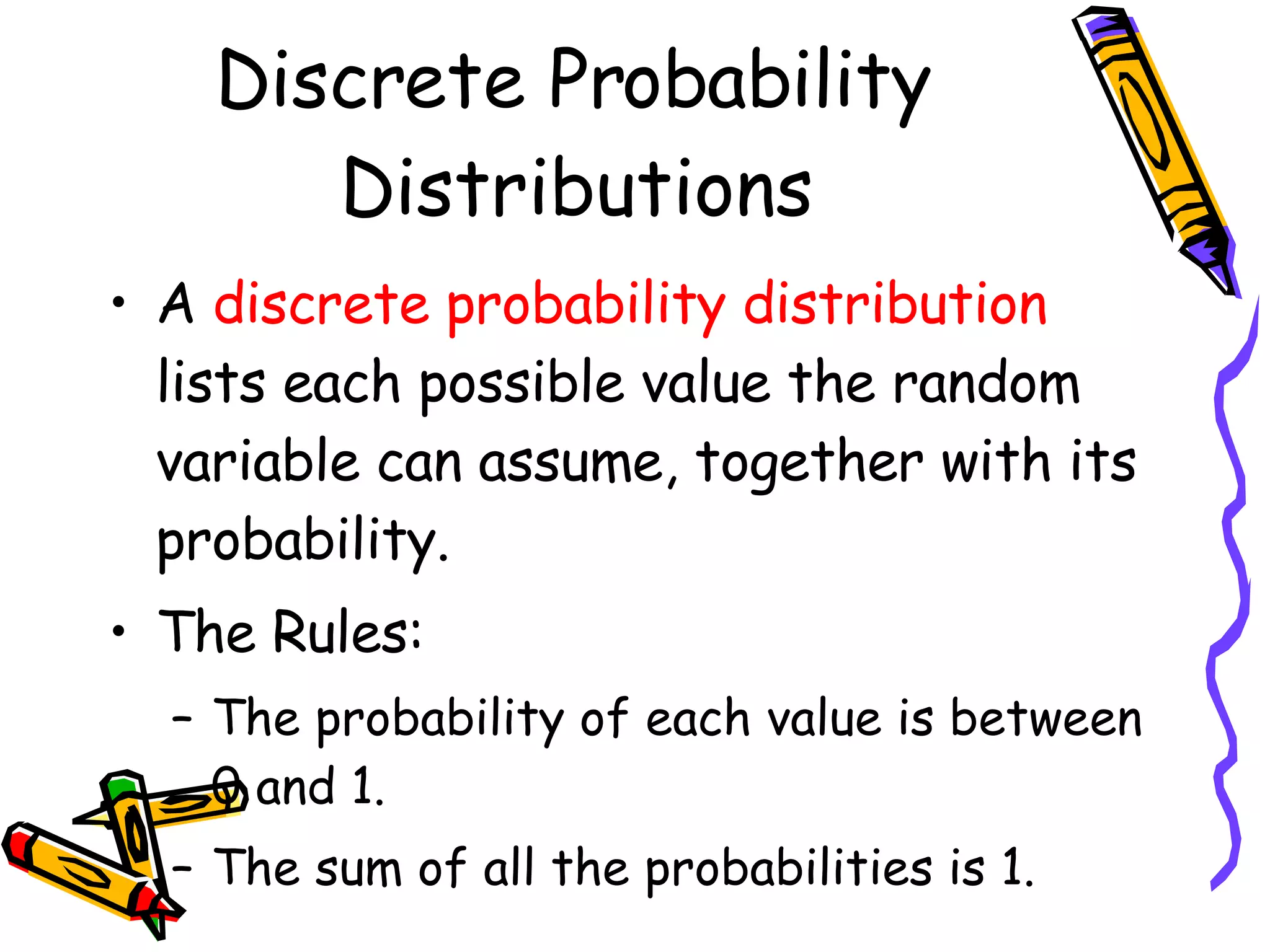 Discrete Probability Distributions A  discrete probability distribution  lists each possible value the random variable can assume, together with its probability.  The Rules: The probability of each value is between 0 and 1. The sum of all the probabilities is 1. 