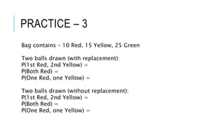 PRACTICE – 3
Bag contains – 10 Red, 15 Yellow, 25 Green
Two balls drawn (with replacement):
P(1st Red, 2nd Yellow) =
P(Both Red) =
P(One Red, one Yellow) =
Two balls drawn (without replacement):
P(1st Red, 2nd Yellow) =
P(Both Red) =
P(One Red, one Yellow) =
 