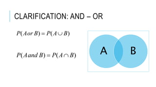 CLARIFICATION: AND – OR
)()( BAPBorAP 
)()( BAPBandAP  A B
 