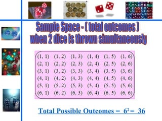Sample Space - ( total outcomes ) when 2 dice is thrown simultaneously Total Possible Outcomes =  6 2  =  36 