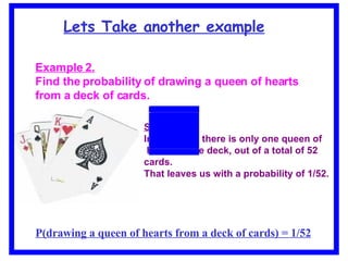 Lets Take another example Example 2. Find the probability of drawing a queen of hearts from a deck of cards. Solution. In this case, there is only one queen of hearts in the deck, out of a total of 52  cards.  That leaves us with a probability of 1/52. P(drawing a queen of hearts from a deck of cards) = 1/52 