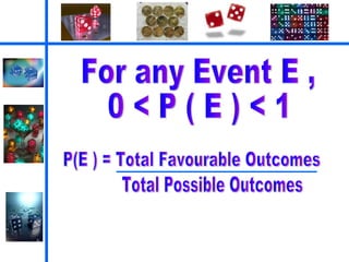 For any Event E , 0 < P ( E ) < 1 P(E ) = Total Favourable Outcomes Total Possible Outcomes 