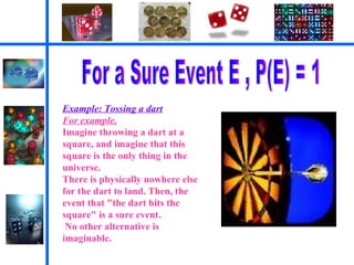 For a Sure Event E , P(E) = 1 Example: Tossing a dart For example,   Imagine throwing a dart at a square, and imagine that this square is the only thing in the universe.  There is physically nowhere else for the dart to land. Then, the event that "the dart hits the square" is a sure event. No other alternative is imaginable. 