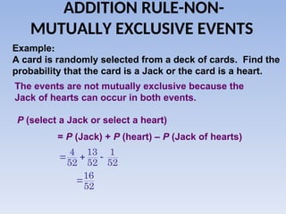 ADDITION RULE-NON-
MUTUALLY EXCLUSIVE EVENTS
Example:
A card is randomly selected from a deck of cards. Find the
probability that the card is a Jack or the card is a heart.
The events are not mutually exclusive because the
Jack of hearts can occur in both events.
P (select a Jack or select a heart)
= P (Jack) + P (heart) – P (Jack of hearts)
4 13 1
52 52 52
  
16
52

 