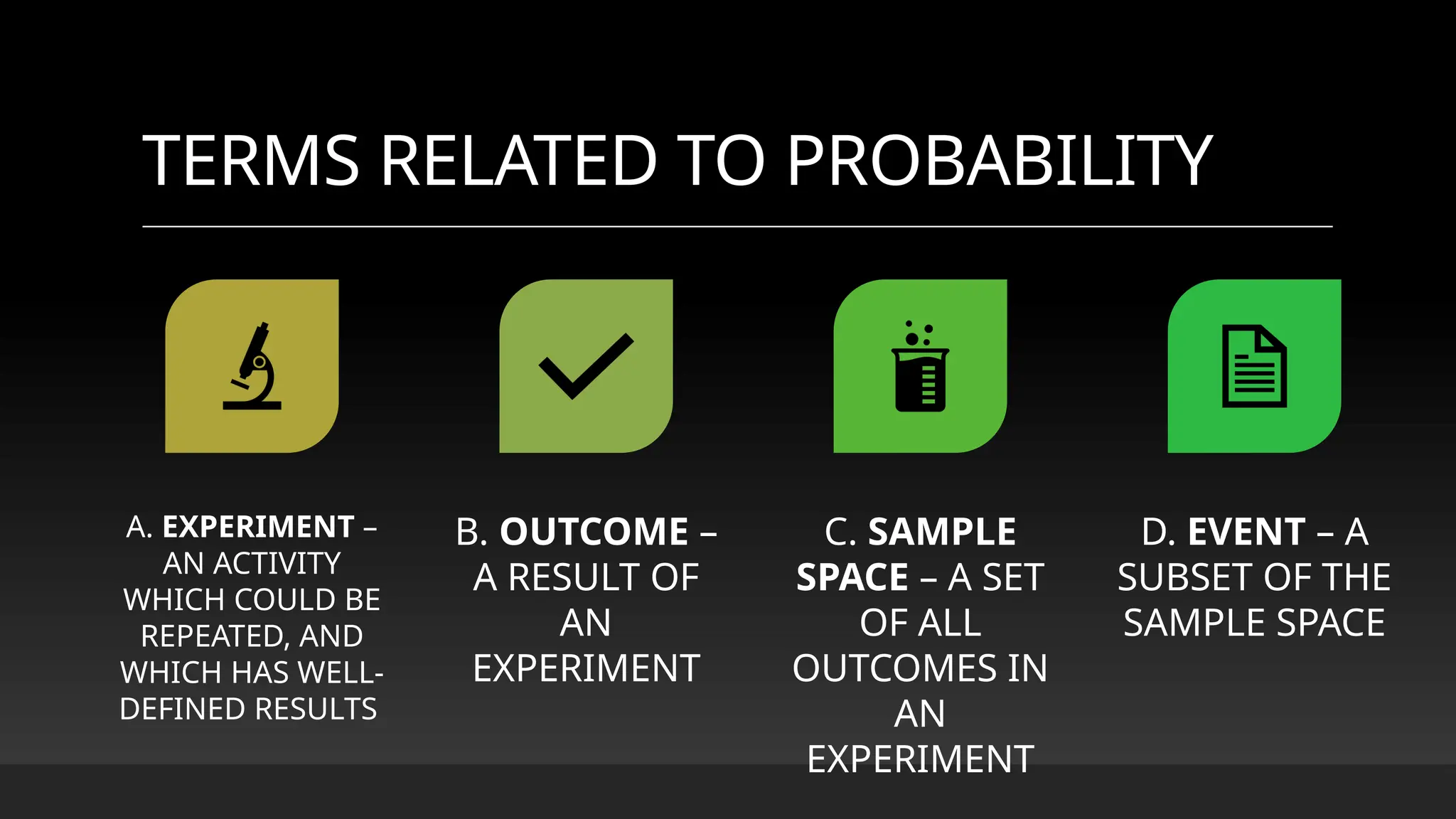 TERMS RELATED TO PROBABILITY
A. EXPERIMENT –
AN ACTIVITY
WHICH COULD BE
REPEATED, AND
WHICH HAS WELL-
DEFINED RESULTS
B. OUTCOME –
A RESULT OF
AN
EXPERIMENT
C. SAMPLE
SPACE – A SET
OF ALL
OUTCOMES IN
AN
EXPERIMENT
D. EVENT – A
SUBSET OF THE
SAMPLE SPACE
 