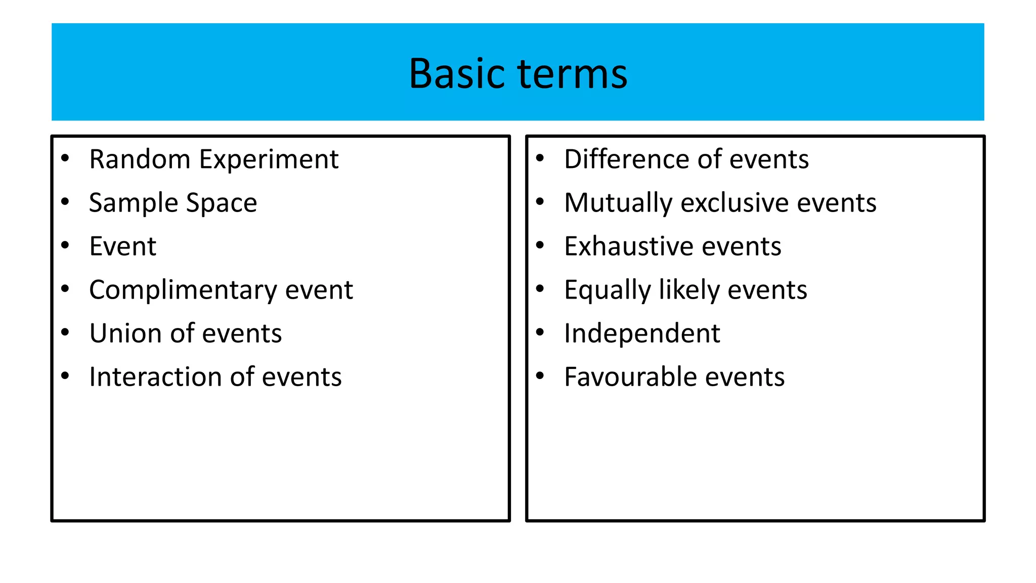 Basic terms
• Random Experiment
• Sample Space
• Event
• Complimentary event
• Union of events
• Interaction of events
• Difference of events
• Mutually exclusive events
• Exhaustive events
• Equally likely events
• Independent
• Favourable events
 