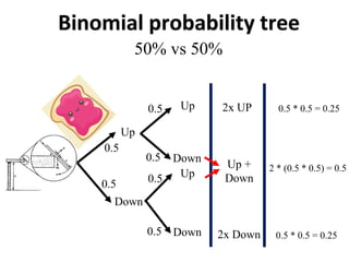 Binomial probability tree
Up
Down
Up
Down
Up
Down
50% vs 50%
0.5
0.5
0.5
0.5
0.5
0.5
0.5 * 0.5 = 0.25
2x UP
Up +
Down
2x Down 0.5 * 0.5 = 0.25
2 * (0.5 * 0.5) = 0.5
 