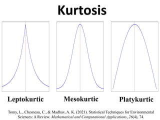 Kurtosis
Leptokurtic Mesokurtic Platykurtic
Tomy, L., Chesneau, C., & Madhav, A. K. (2021). Statistical Techniques for Environmental
Sciences: A Review. Mathematical and Computational Applications, 26(4), 74.
 